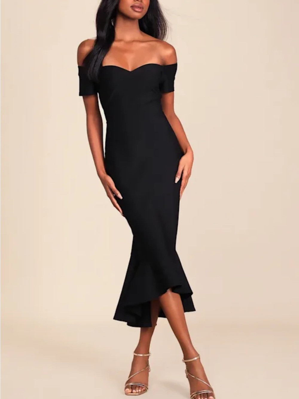How Much I Care black off the shoulder midi